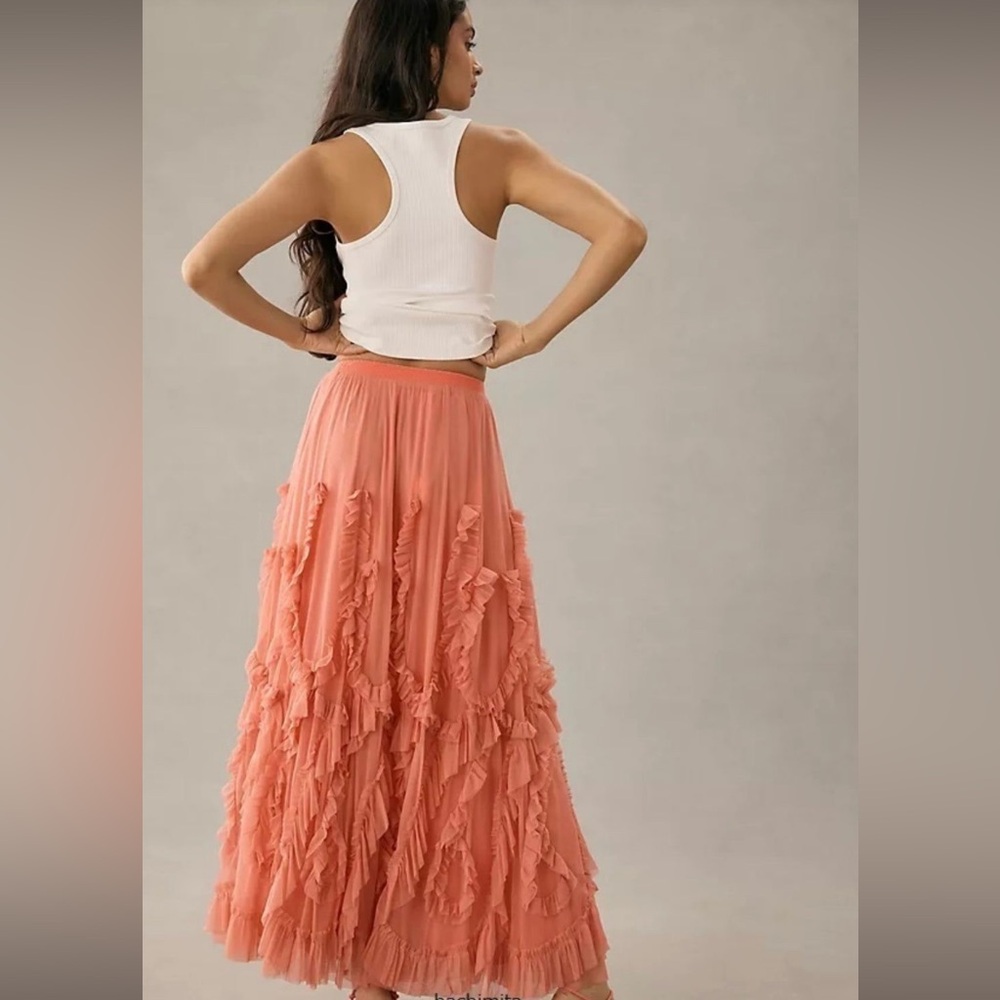 Anthro ruffle tulle & mesh midi skirt, gorgeous coral color, elastic waist, NWOT - Picture 12 of 13
